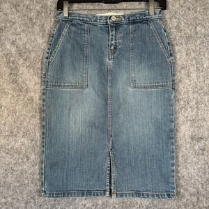 Vintage Gap Jean Skirt Womens 0 Blue Med Wash Midi Flap Pockets Front Slit Y2K